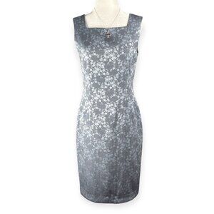 Kasper ASL Sheath Dress Women’s 6P Metallic Gray Floral Jacquard Vintage 80s 90s